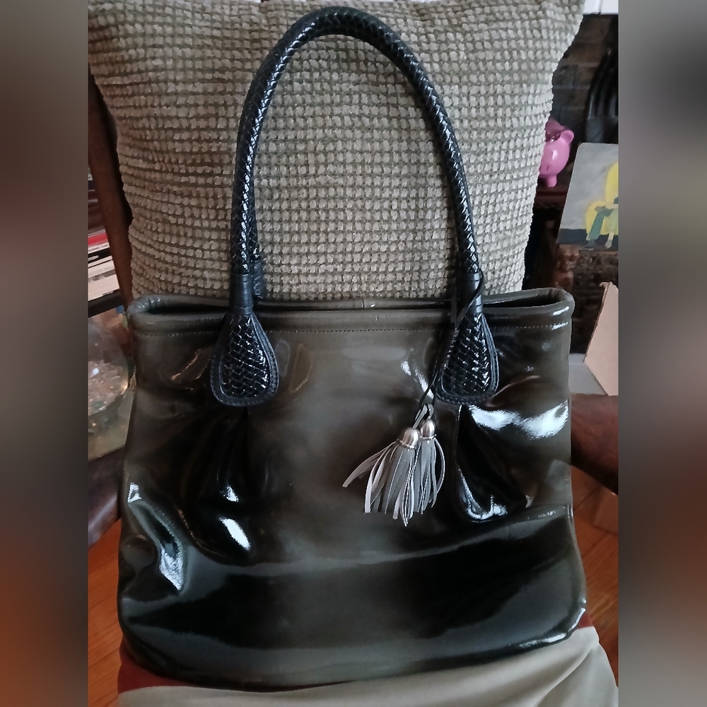 Elliot Lucca Woven Shiney Faux Leather Bag & Leather Trim
